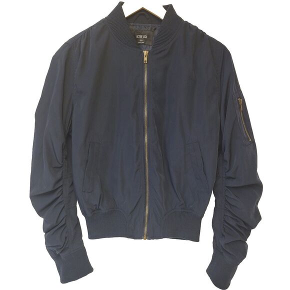 Active USA Navy Blue Gathered Sleeves Full Zip Sz S Women Jacket - Picture 2 of 10